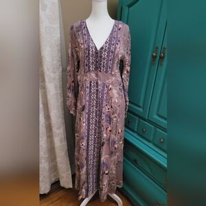 Angie Floral Long Sleeve Maxi Dress in Purple and Cream